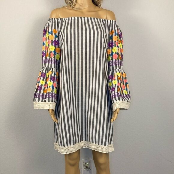 Velzera Striped Off Shoulder Vibrant Floral Embroidered Dress Medium - Picture 5 of 14